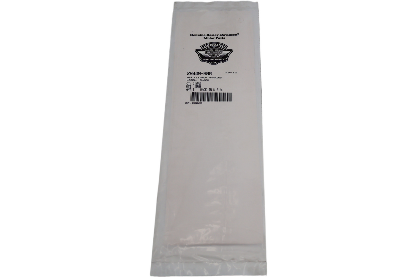29449-98B NEW OEM 1999-2005 HARLEY-DAVIDSON SOFTAIL & DYNA AIR CLEANER WARNING LABEL,
