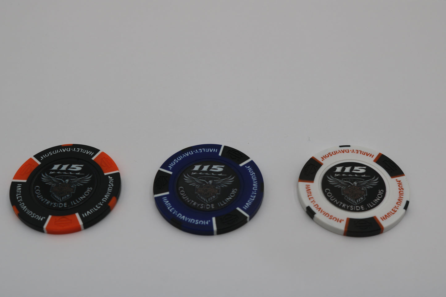 NEW ILLINOIS HARLEY-DAVIDSON 115TH ANNIVERSARY POKER CHIP COUNTRYSIDE, IL SET(3)