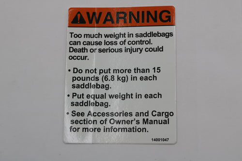 14001047 NEW OEM HARLEY-DAVIDSON SADDLEBAG WARNING LABEL STICKER DECAL