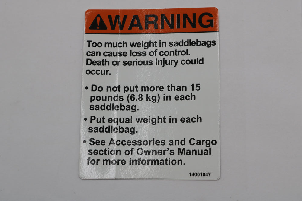 14001047 NEW OEM HARLEY-DAVIDSON SADDLEBAG WARNING LABEL STICKER DECAL