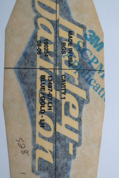 13497-07 NEW OEM 2007 HARLEY-DAVIDSON SOFTAIL LEFT GAS TANK DECAL BLUE/GOLD