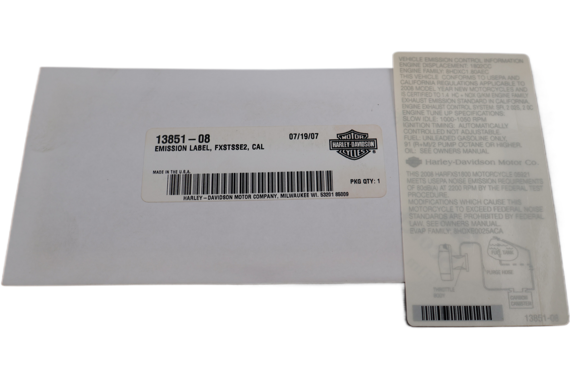 13851-08 NEW OEM 2008 HARLEY-DAVIDSON FXSTSSE2 CVO SPRINGER EMISSIONS LABEL
