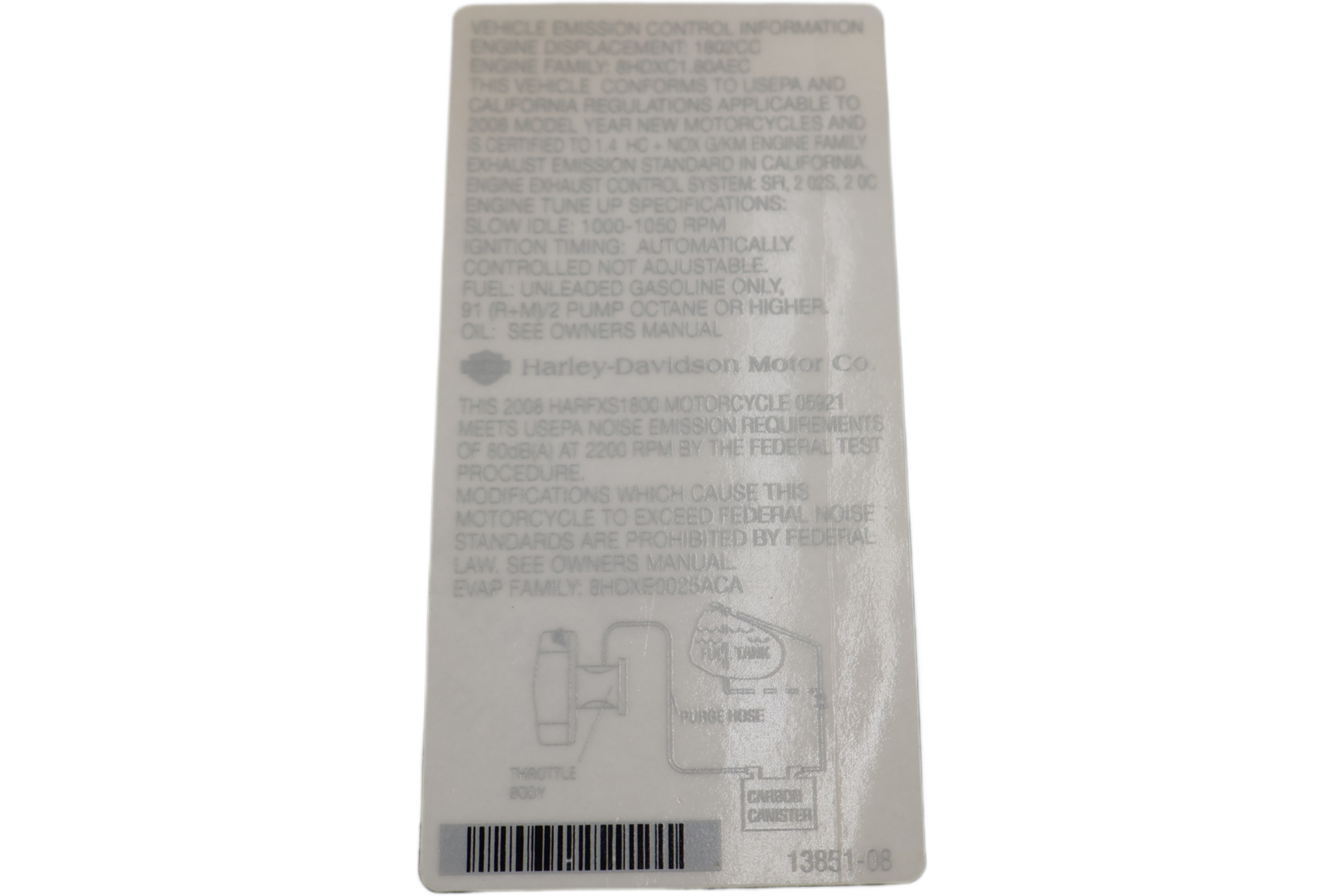 13851-08 NEW OEM 2008 HARLEY-DAVIDSON FXSTSSE2 CVO SPRINGER EMISSIONS LABEL