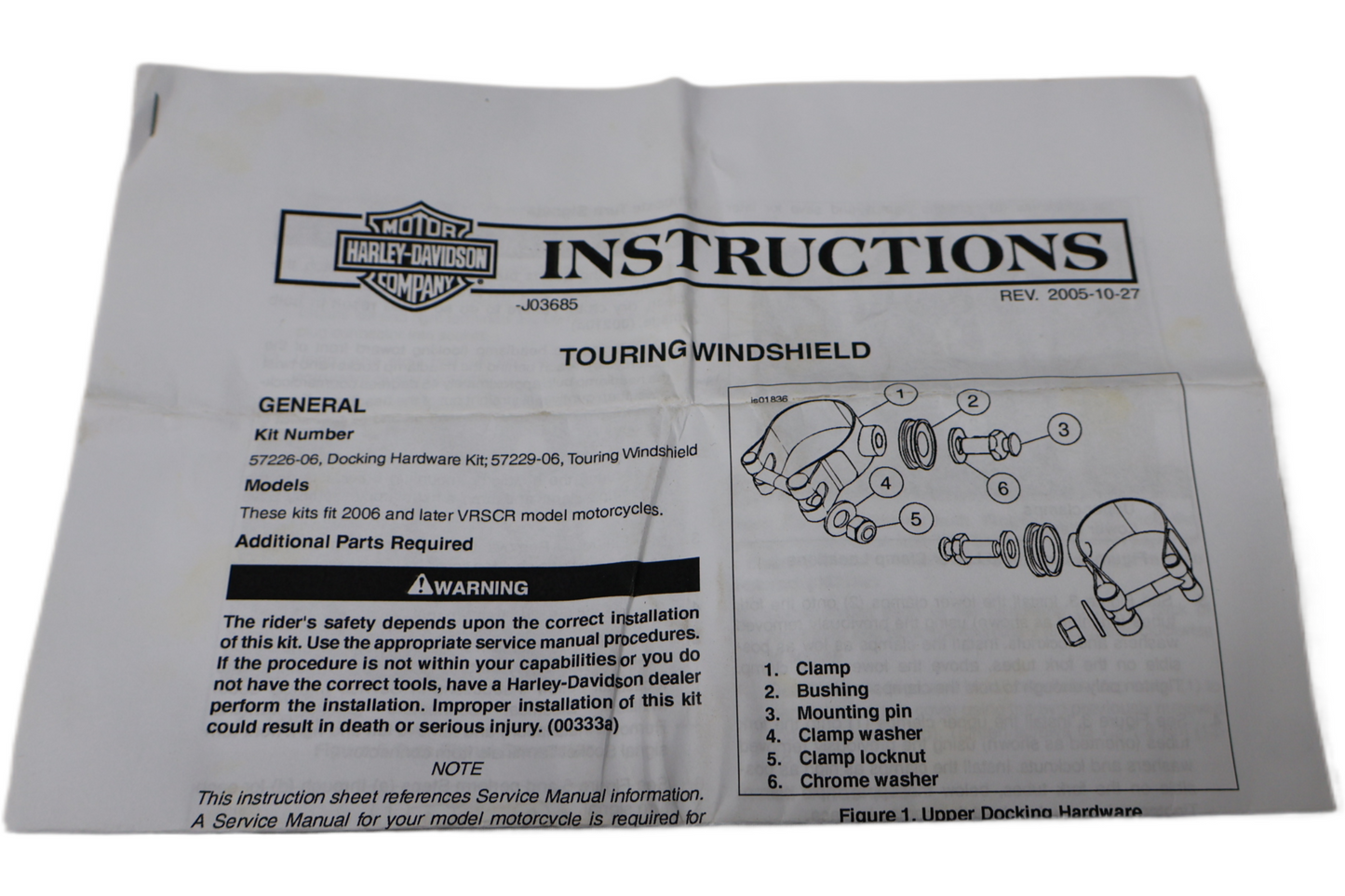 57226-06 NEW OEM 2006 AND NEWER HARLEY VRSCR FRONT TURN SIGNAL RELOCATION KIT