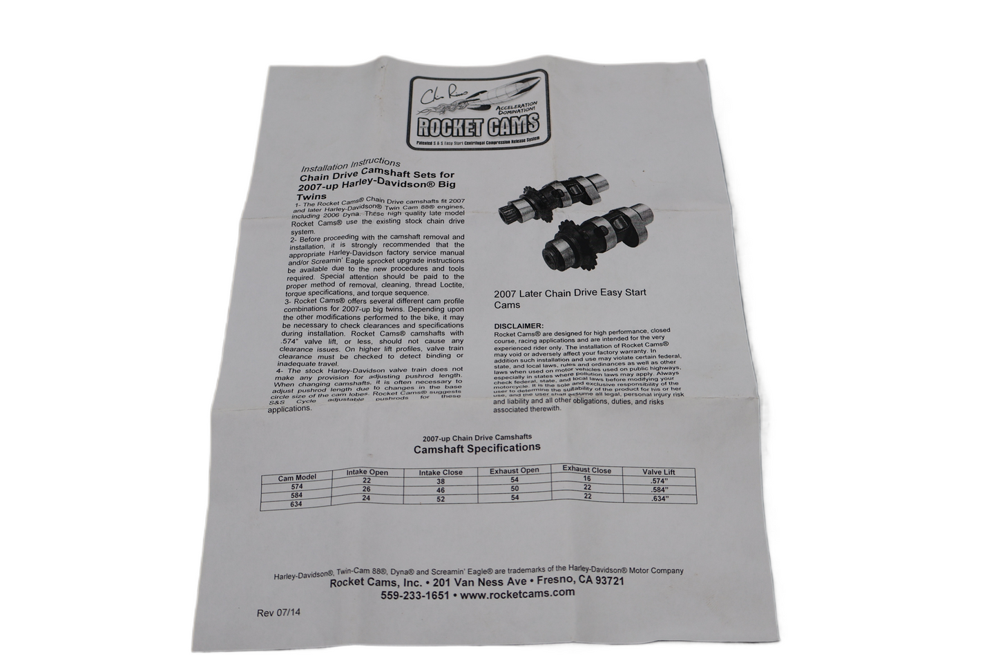 2007-2015 HARLEY TWIN CAM 96 103 CHRIS RIVAS CAMS 634 CHAIN CAMS  #0925-0852