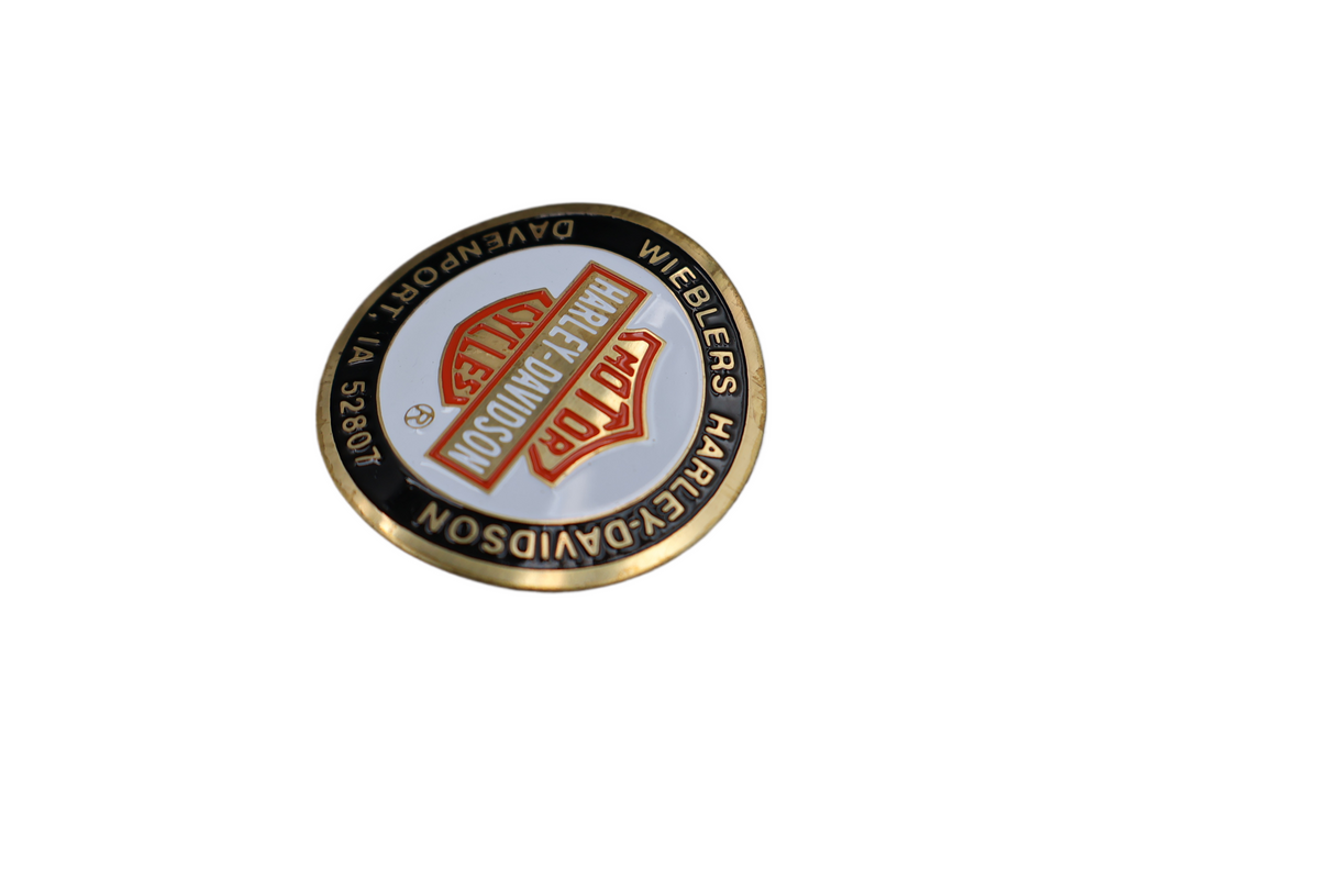 WIEBLERS HARLEY-DAVIDSON DAVENPORT IA CURVED GOLD ORANGE DIP DOT 1-3/4" | NEW